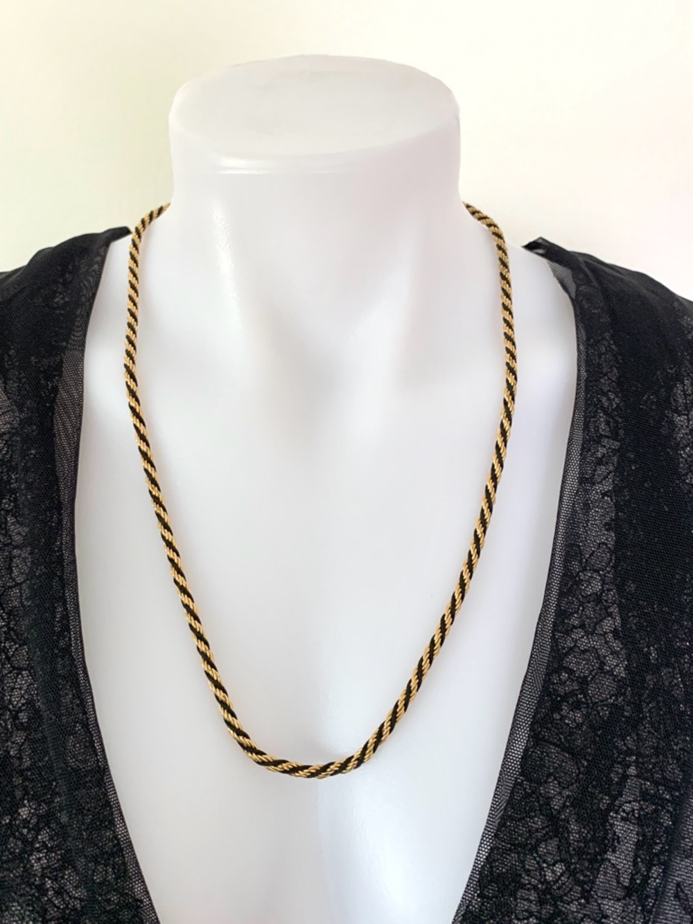 Trifari gold tone and black twisted rope chain necklace